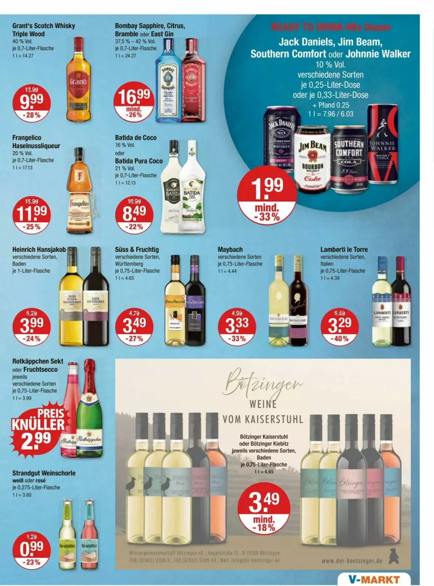 Aktueller Prospekt Vmarkt - Prospekte - von 01.02 bis 07.02.2024 - strona 11 - produkty: Bad, batida, bombay sapphire, citrus, ecco, flasche, frangelico, frucht, fruchtsecco, gin, Grant‘s, haselnuss, jack daniel, jack daniels, jako, je 1-liter-flasche, jim beam, johnnie walker, Kaiser, liqueur, maybach, nuss, rotkäppchen, sapphire, schorle, scotch, scotch whisky, sekt, Southern Comfort, stuhl, Ti, wein, weine, weinschorle, whisky