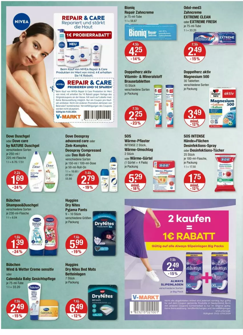 Aktueller Prospekt Vmarkt - Prospekte - von 01.02 bis 07.02.2024 - strona 12 - produkty: Alwa, Always, bier, Biere, bio, brause, Brausetabletten, Calcium, creme, deo, deo roll-on, deospray, Desinfektion, doppelherz, dove, duschgel, flasche, Huggies, magnesium, natur, nivea, oder deo roll-on, Odol, Pants, pflaster, Pyjama, roll-on, slip, slipeinlagen, tablet, tablett, Tablette, Ti, tücher, vita, zahncreme