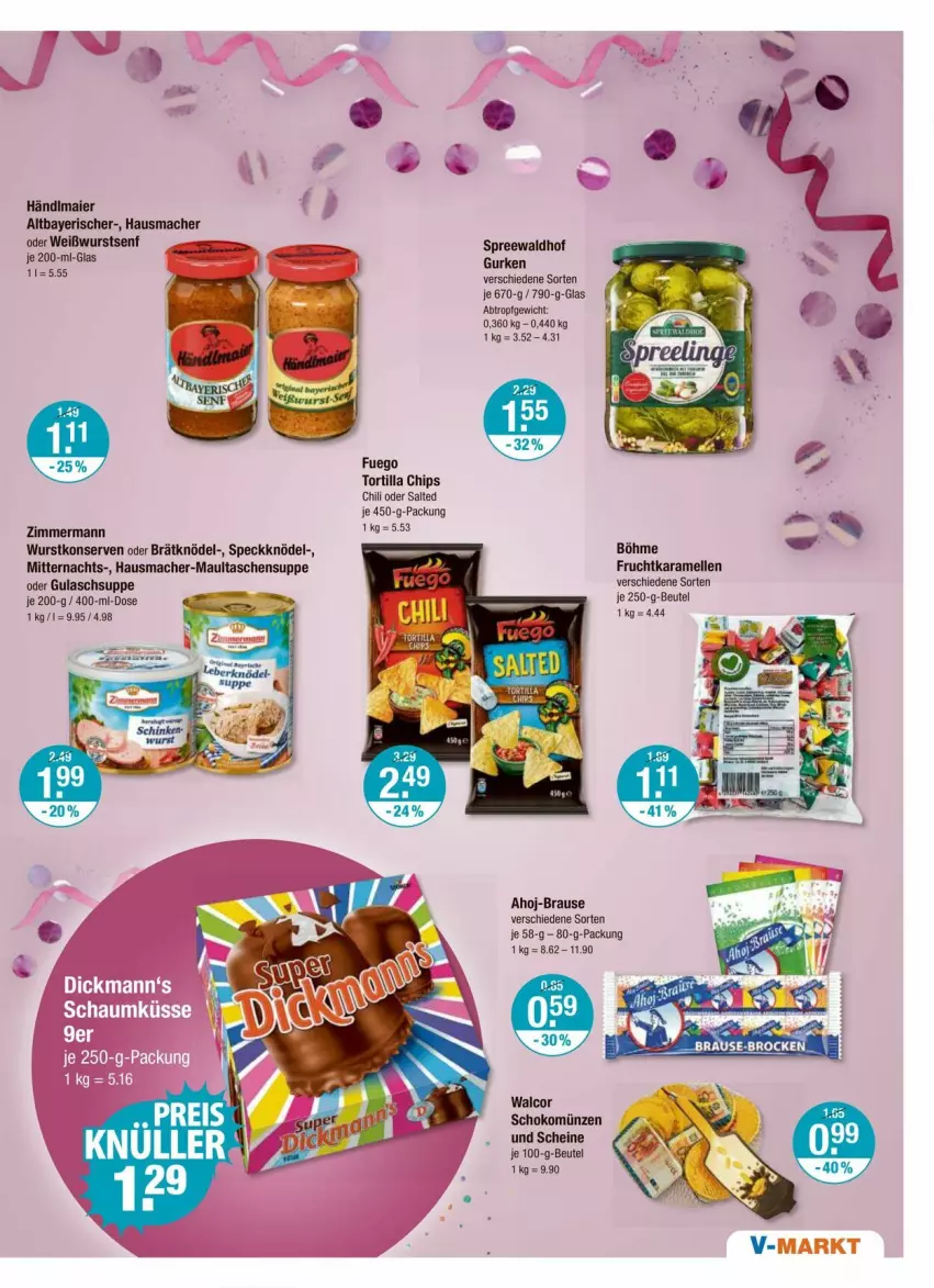 Aktueller Prospekt Vmarkt - Prospekte - von 01.02 bis 07.02.2024 - strona 15 - produkty: ahoj-brause, beutel, brause, chili, chips, elle, frucht, gulasch, Gulaschsuppe, gurke, gurken, Hausmacher, karamell, Knödel, Konserven, mac, maultaschen, schoko, senf, Speck, spreewaldhof, suppe, Tasche, taschen, Ti, tortilla, Tortilla Chips, Weißwurst, wurst, wurstkonserven