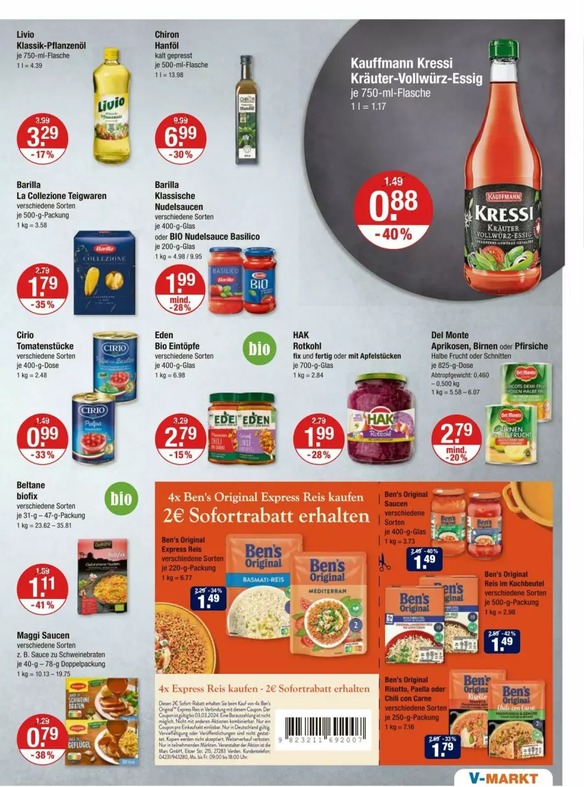 Aktueller Prospekt Vmarkt - Prospekte - von 01.02 bis 07.02.2024 - strona 7 - produkty: apfel, aprikose, aprikosen, barilla, basilico, Ben’s Original, bio, Birnen, braten, cirio, eintöpfe, eis, ente, erde, essig, flasche, frucht, gin, kräuter, kressi, maggi, monte, nudel, oder pfirsiche, pfirsich, pfirsiche, pflanze, pflanzen, Pflanzenöl, reis, rotkohl, sauce, saucen, schnitten, schwein, schweine, schweinebraten, sofort-rabatt, tee, teigwaren, Ti, tomate, tomaten, Tomatenstücke, uhr, wein, weine