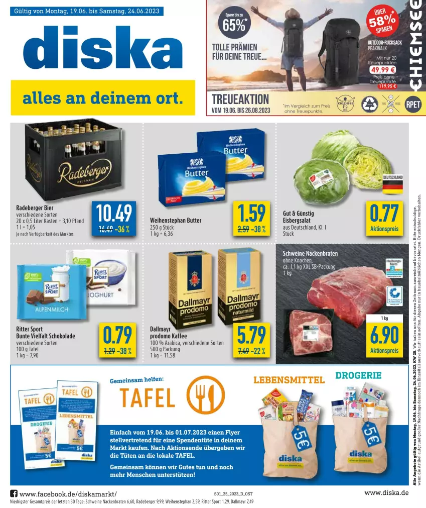 Aktueller Prospekt Diska - Prospekte - von 19.06 bis 24.06.2023 - strona 1 - produkty: aktionspreis, alpenmilch, angebot, angebote, Berger, bier, braten, butter, dallmayr, eis, eisbergsalat, kaffee, milch, prodomo, radeberger, reis, ritter, ritter sport, salat, schoko, schokolade, schwein, schweine, Sport, tee, Ti, Tüte, weihenstephan, wein, weine, ZTE