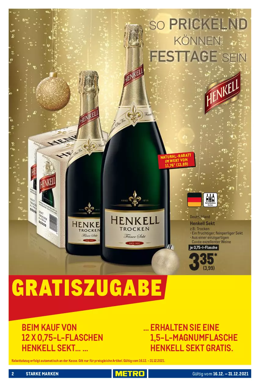 Aktueller Prospekt Metro - Starke Marken - von 16.12 bis 31.12.2021 - strona 2 - produkty: auto, cuvée, eis, elle, ente, flasche, frucht, henkel, henkell, henkell sekt, LG, magnum, natur, natura, reis, sekt, Ti, tisch, wein, weine