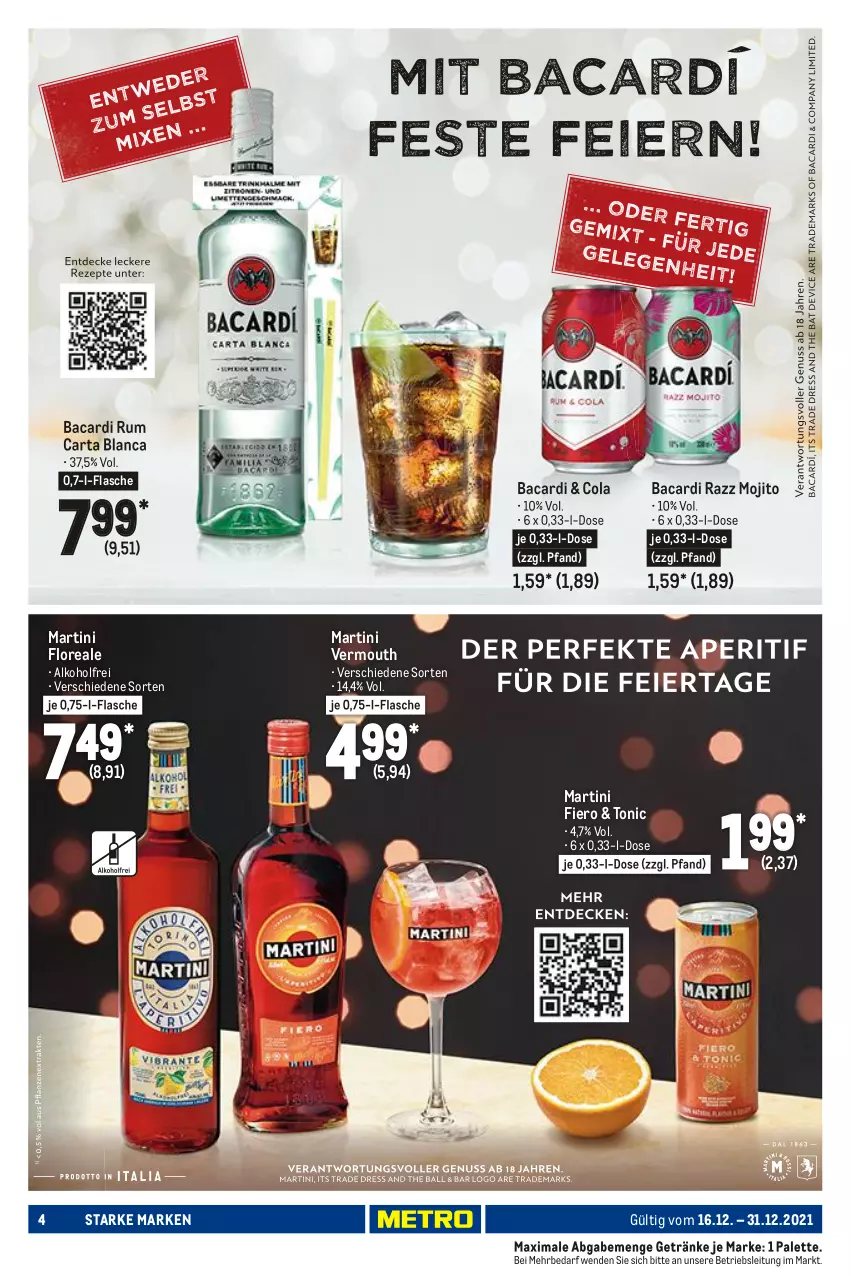 Aktueller Prospekt Metro - Starke Marken - von 16.12 bis 31.12.2021 - strona 4 - produkty: alkohol, bacardi, bacardi rum, cola, flasche, getränk, getränke, loreal, martini, mojito, Palette, rum, Ti, tonic, Vermouth