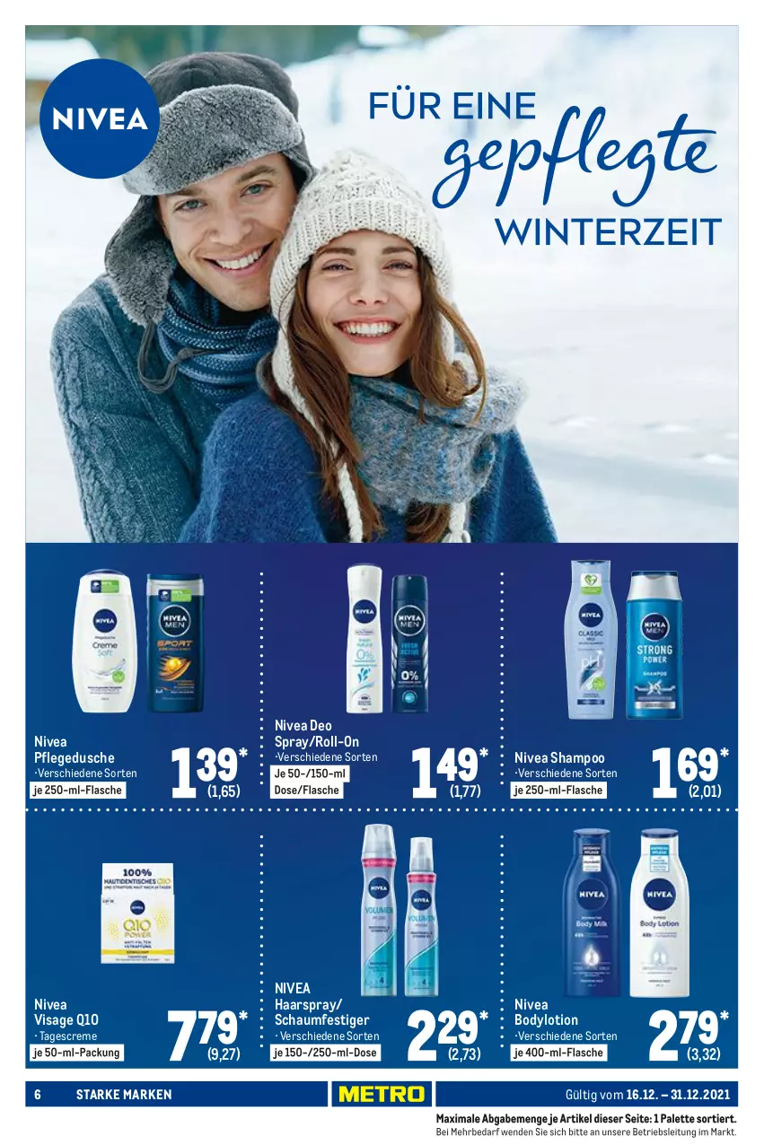 Aktueller Prospekt Metro - Starke Marken - von 16.12 bis 31.12.2021 - strona 6 - produkty: body, bodylotion, creme, deo, deo spray, dusche, flasche, haarspray, Lotion, nivea, Palette, pflegedusche, Q10, roll-on, schaumfestiger, shampoo, tagescreme, Ti