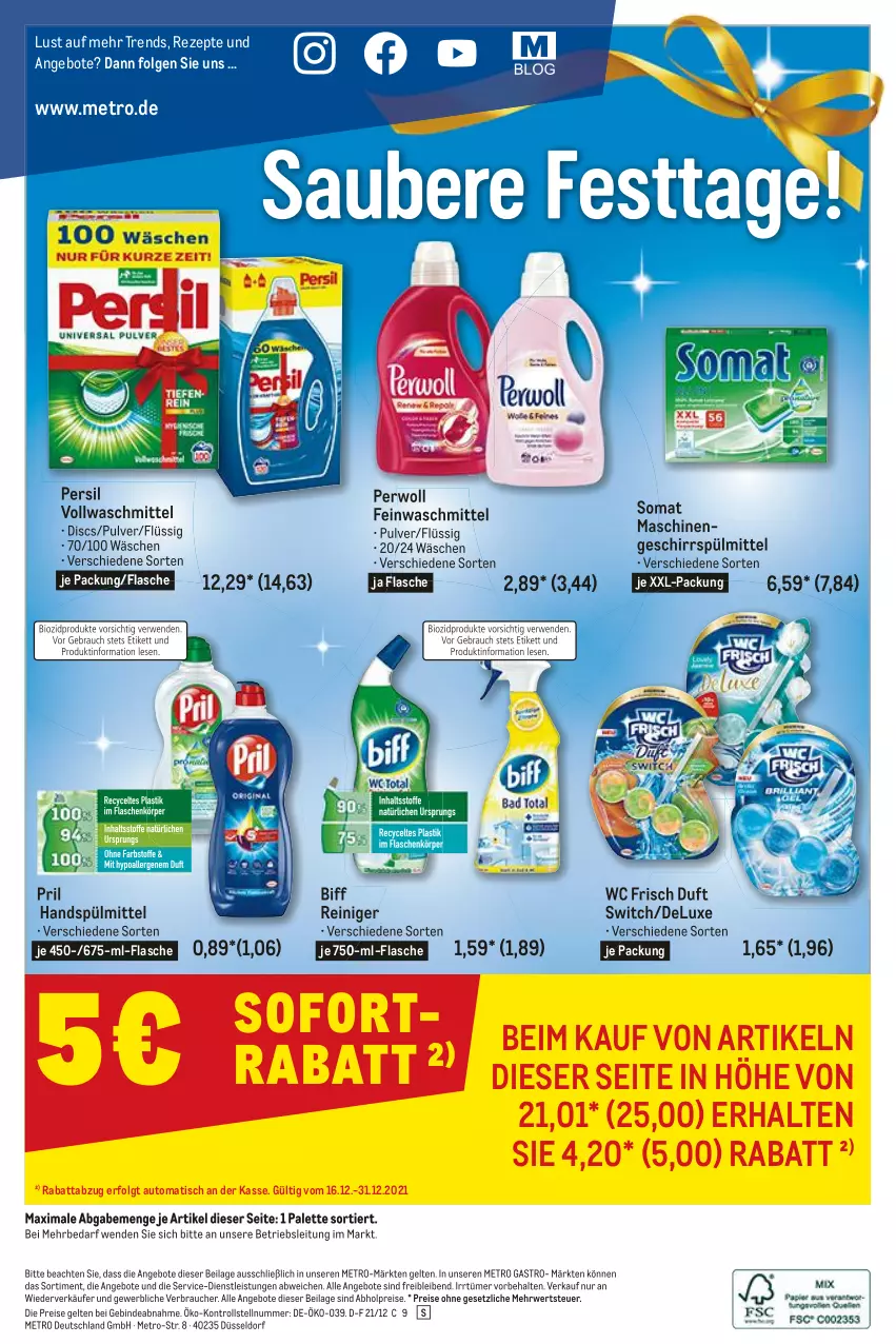 Aktueller Prospekt Metro - Starke Marken - von 16.12 bis 31.12.2021 - strona 8 - produkty: abholpreise, angebot, angebote, auto, biff, eis, feinwaschmittel, flasche, geschirr, geschirrspülmittel, ilag, LG, Metro, metro gastro, Palette, persil, perwoll, pril, Rauch, reiniger, reis, rezept, rezepte, rwe, sofortrabatt, somat, spülmittel, Ti, tisch, vollwaschmittel, waschmittel, wc frisch, xxl-packung