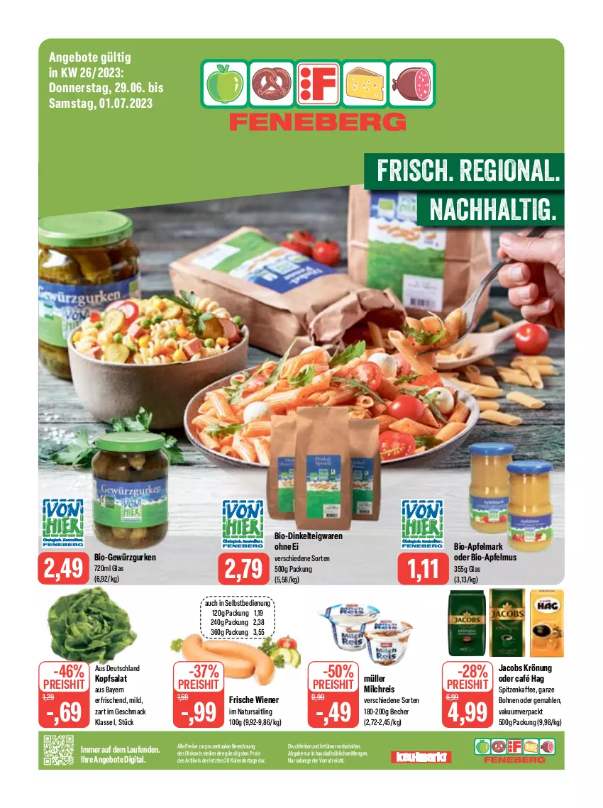 Aktueller Prospekt Feneberg - Prospekte - von 29.06 bis 01.07.2023 - strona 1 - produkty: angebot, angebote, apfel, apfelmus, Becher, bio, bohne, bohnen, eis, elle, gewürz, Gewürzgurke, gewürzgurken, gurke, gurken, jacobs, jacobs krönung, kaffee, kopfsalat, Laufen, mac, milch, milchreis, Müller, natur, reis, salat, teigwaren, Ti, wiener, ZTE