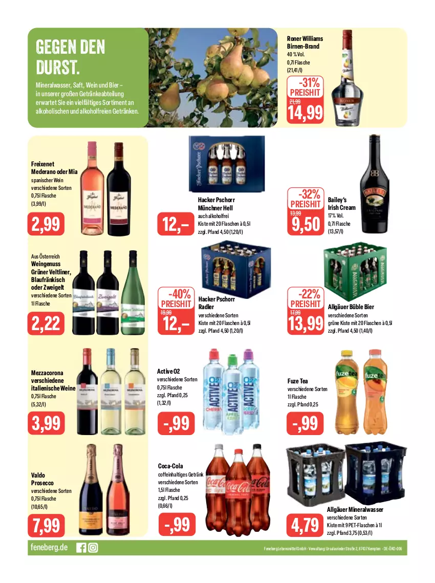 Aktueller Prospekt Feneberg - Prospekte - von 29.06 bis 01.07.2023 - strona 12 - produkty: Abtei, alkohol, Alwa, bier, Birnen, coca-cola, coffein, cola, corona, ecco, eis, flasche, freixenet, fuze tea, getränk, getränke, grüner veltliner, hacker pschorr, irish cream, lebensmittel, LG, mezzacorona, mineralwasser, nuss, pet-flasche, pet-flaschen, prosecco, radler, reis, saft, Ti, valdo, wasser, wein, weine, Williams Birne, Zweigelt