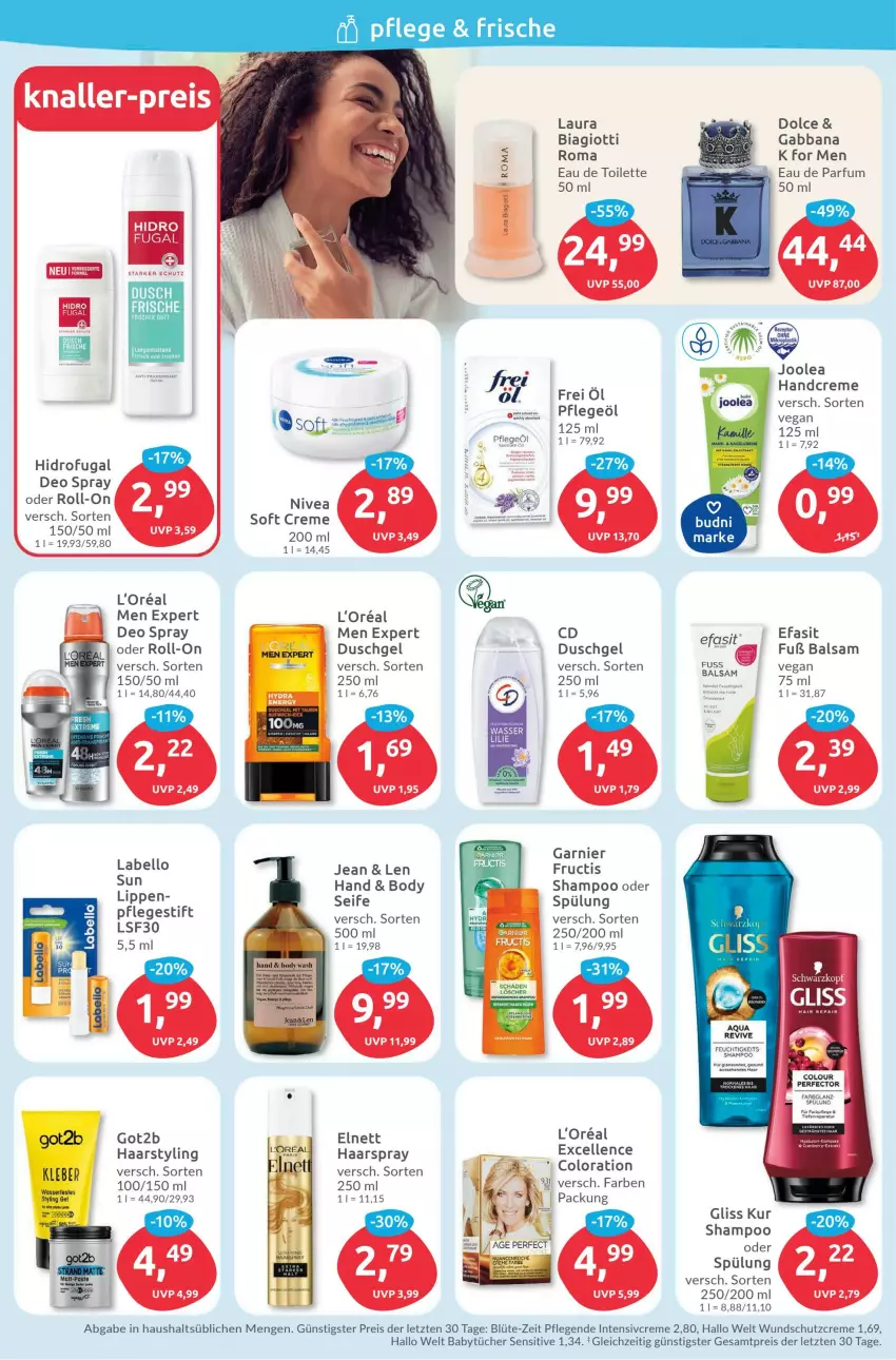 Aktueller Prospekt Budni - Prospekte - von 12.06 bis 17.06.2023 - strona 2 - produkty: Abba, aqua, aust, balsam, Blüte, body, creme, deo, deo spray, duschgel, Eau de parfum, eau de parfum 50 ml, eau de toilette, Efasit, eis, elle, elnett, fructis, garnier, gliss, gliss kur, got2b, haarspray, handcreme, kleber, l'oreal, Labello, loreal, nivea, parfum, Pflegeöl, reis, roll-on, Schutzcreme, schwarzkop, schwarzkopf, Seife, shampoo, spülung, Styling Gel, Ti, tücher, wasser, ZTE