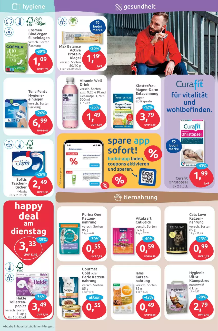 Aktueller Prospekt Budni - Prospekte - von 12.06 bis 17.06.2023 - strona 5 - produkty: bio, cosmea, coupon, coupons, creme, drink, gourmet gold, hakle, handcreme, K2, klumpstreu, kraft, LG, natur, Pants, papier, purina, riegel, rwe, slip, slipeinlagen, Tasche, taschen, Ti, tücher, vita, vitakraft