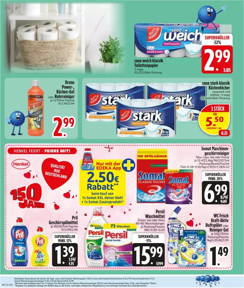 Aktueller Prospekt Edeka - Prospekte - von 03.08 bis 08.08.2026 - strona 22 - produkty: beutel, Cap, eis, flasche, geschirr, geschirrspülmittel, klarspüler, kraft, küche, Küchen, küchentücher, papier, persil, persil waschmittel, pril, reiniger, reis, ring, somat, spülmittel, Ti, toilettenpapier, tücher, waschmittel