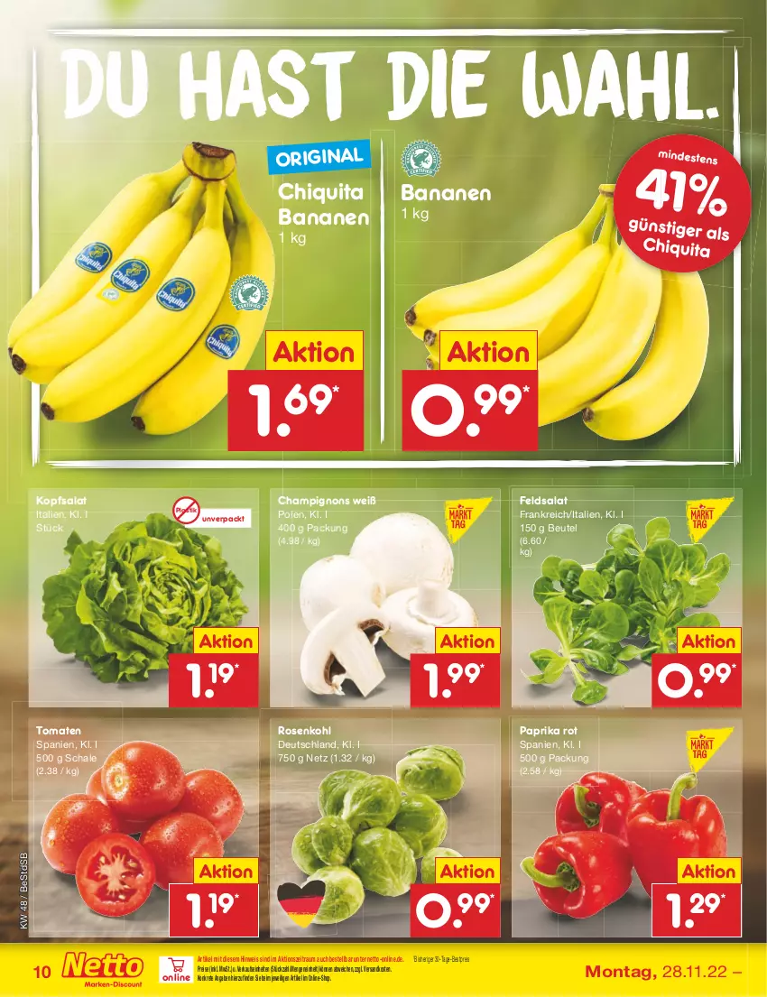 Aktueller Prospekt Netto Marken-Discount - Filial-Angebote - von 28.11 bis 03.12.2022 - strona 12 - produkty: asti, banane, bananen, bestpreis, beutel, champignon, champignons, chiquita, eis, feldsalat, gin, kopfsalat, ndk, paprika, paprika rot, reis, rosen, Rosenkohl, salat, Schal, Schale, Ti, tomate, tomaten