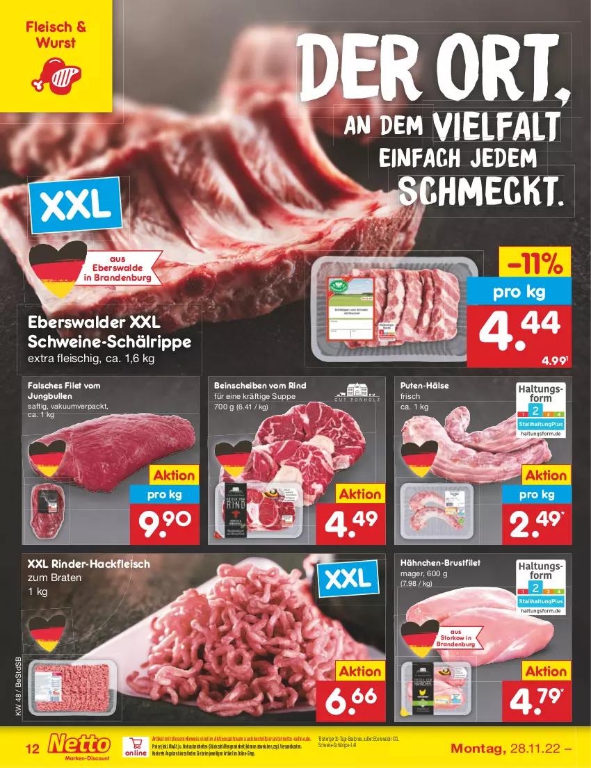 Aktueller Prospekt Netto Marken-Discount - Filial-Angebote - von 28.11 bis 03.12.2022 - strona 14 - produkty: bestpreis, braten, brustfilet, eis, Falsches Filet, filet, fleisch, hackfleisch, hähnchen-brustfilet, jungbullen, ndk, pute, reis, rind, rinder, rinder-hackfleisch, saft, schwein, schweine, suppe, Ti, wein, weine, wurst