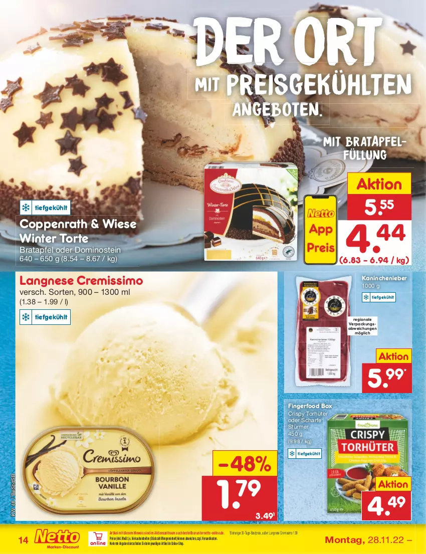 Aktueller Prospekt Netto Marken-Discount - Filial-Angebote - von 28.11 bis 03.12.2022 - strona 16 - produkty: angebot, angebote, apfel, bestpreis, coppenrath, cremissimo, eis, langnese, langnese cremissimo, ndk, reis, sim, Ti, torte