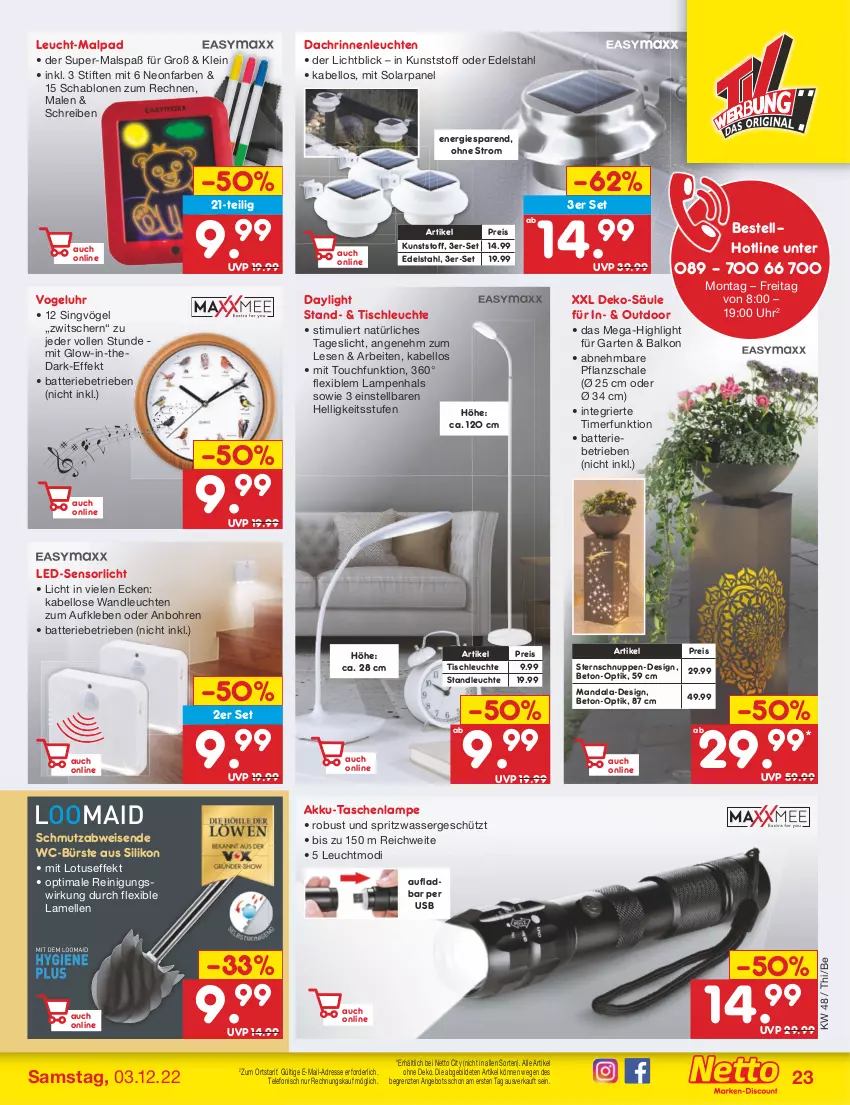 Aktueller Prospekt Netto Marken-Discount - Filial-Angebote - von 28.11 bis 03.12.2022 - strona 25 - produkty: akku, angebot, batterie, bürste, edelstahl, eis, elle, Garten, gsw, Lampe, Leuchte, leuchten, Reinigung, reis, Schal, Schale, stifte, Tasche, taschen, taschenlampe, telefon, Ti, timer, tisch, tischleuchte, uhr, usb, wasser, WC-Bürste, ZTE