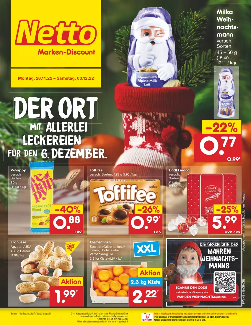 Aktueller Prospekt Netto Marken-Discount - Filial-Angebote - von 28.11 bis 03.12.2022 - strona 3 - produkty: angebot, bestpreis, beutel, clementinen, eis, erdnüsse, lindor, lindt, milka, ndk, reis, Ti, toffifee, weihnachten, ZTE