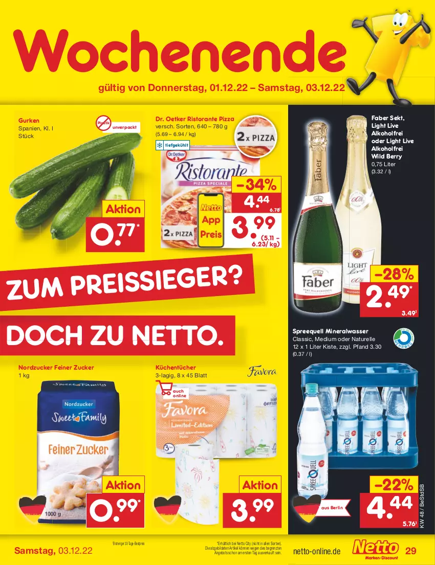 Aktueller Prospekt Netto Marken-Discount - Filial-Angebote - von 28.11 bis 03.12.2022 - strona 31 - produkty: alkohol, Alwa, angebot, asti, bestpreis, Dr. Oetker, eis, elle, gurke, gurken, küche, Küchen, küchentücher, mineralwasser, Mineralwasser Classic, natur, nordzucker, pizza, reis, rel, ristorante, ristorante pizza, sekt, Spreequell, Ti, tücher, wasser, Wild, wild berry, ZTE, zucker