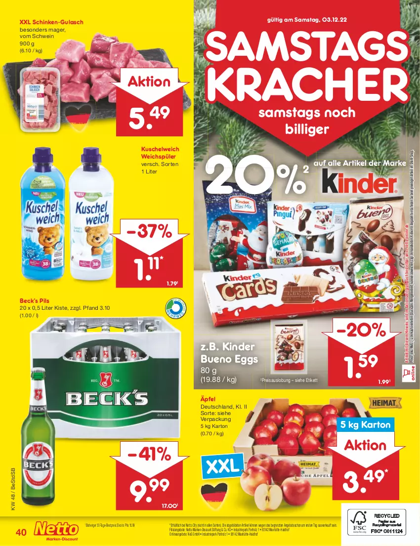 Aktueller Prospekt Netto Marken-Discount - Filial-Angebote - von 28.11 bis 03.12.2022 - strona 42 - produkty: angebot, angebote, bestpreis, discount, eis, gulasch, Holz, Kinder, kinder bueno, kracher, Kuschelweich, marken-discount, ndk, pils, reis, schinken, schwein, Ti, weichspüler, wein, ZTE