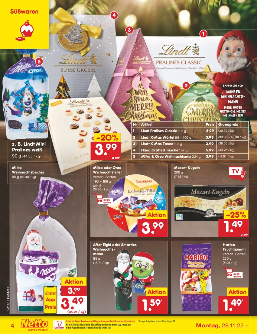 Aktueller Prospekt Netto Marken-Discount - Filial-Angebote - von 28.11 bis 03.12.2022 - strona 6 - produkty: after eight, Becher, bestpreis, eis, elle, frucht, fruchtgummi, haribo, Kugel, lindt, milka, ndk, oreo, pralinen, reis, smarties, Tasche, teller, Ti, weihnachten, würfel