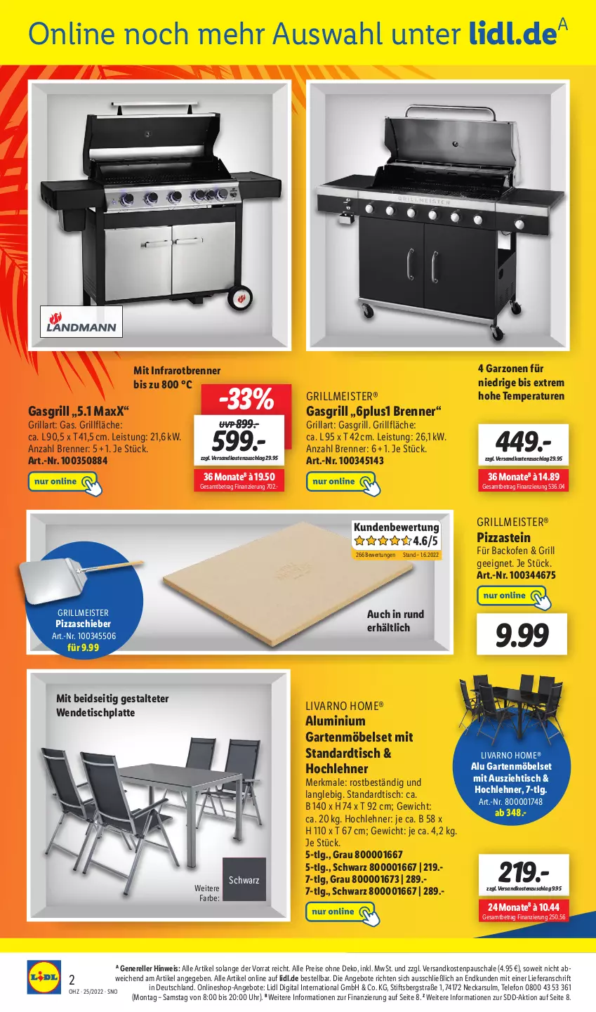 Aktueller Prospekt Lidl - Wochen-Highlights im Onlineshop - von 20.06 bis 26.06.2022 - strona 2 - produkty: angebot, angebote, backofen, eis, elle, Garten, gartenmöbel, gasgrill, grill, grillfläche, HP, latte, LG, Meister, möbel, ndk, Ofen, pizza, reis, rel, Schal, Schale, telefon, Ti, tisch, tischplatte, uhr