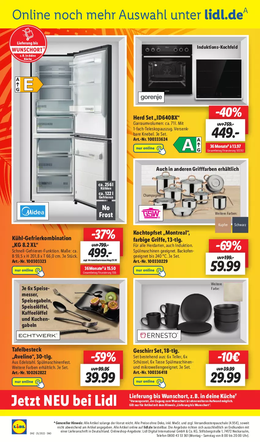 Aktueller Prospekt Lidl - Wochen-Highlights im Onlineshop - von 20.06 bis 26.06.2022 - strona 6 - produkty: angebot, angebote, backofen, besteck, champagne, champagner, edelstahl, eis, elle, gabel, garraum, gefrierkombination, geschirr, herdarten, kaffee, kochfeld, Kochtopf, küche, kuchen, kühl-gefrierkombination, LG, Löffel, messer, mikrowelle, ndk, Ofen, reis, rel, Schal, Schale, schüssel, spülmaschinen, tasse, telefon, Teleskop, teller, Ti, topf, Topfset, uhr