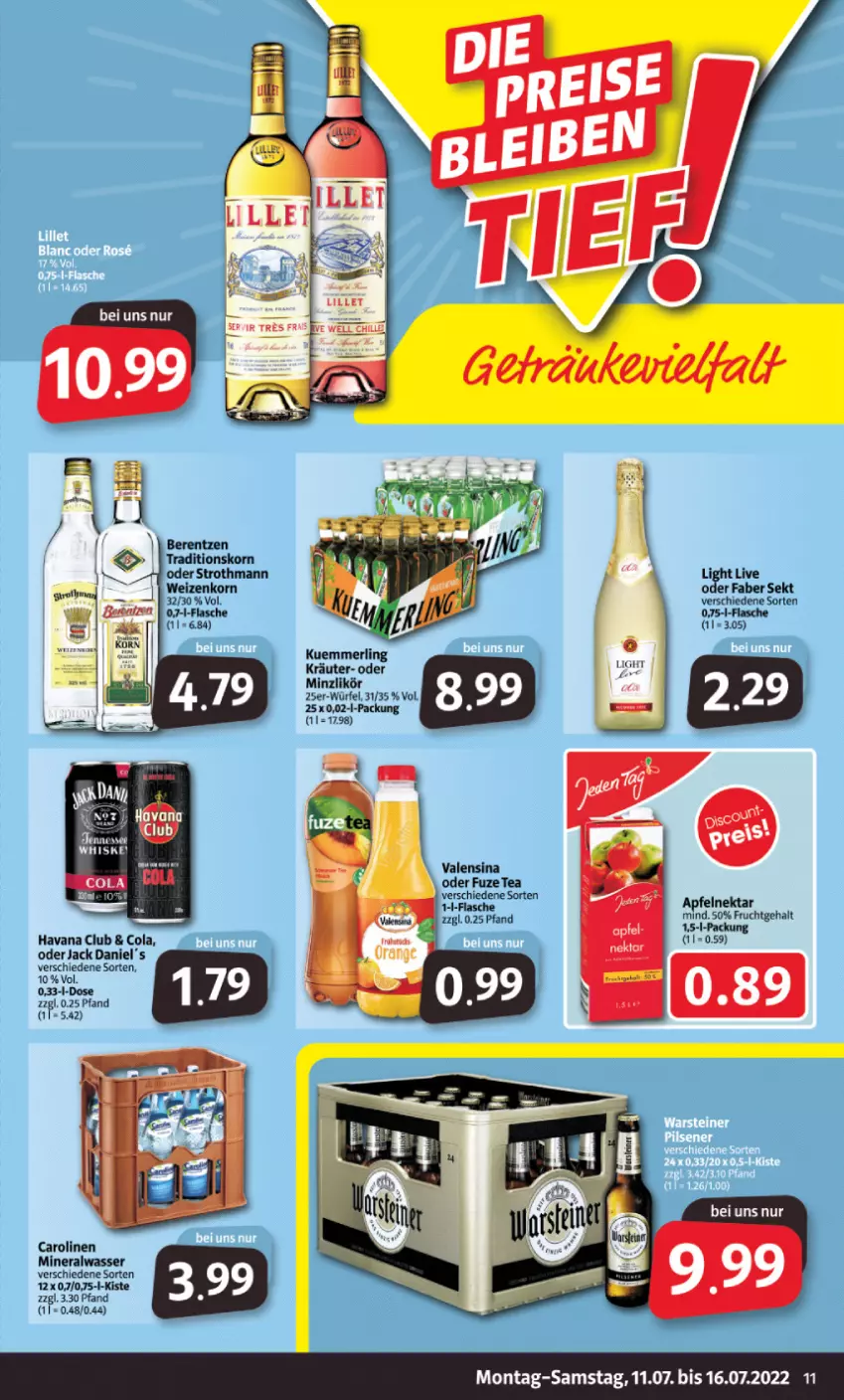 Aktueller Prospekt Markant - Prospekte - von 11.07 bis 16.07.2022 - strona 11 - produkty: Alwa, berentzen, cola, flasche, fuze tea, Havana Club, jack daniel, Jack Daniel’s, korn, kräuter, kuemmerling, likör, lillet, merl, mineralwasser, Nektar, rel, sana, sekt, Ti, valensina, wasser, würfel