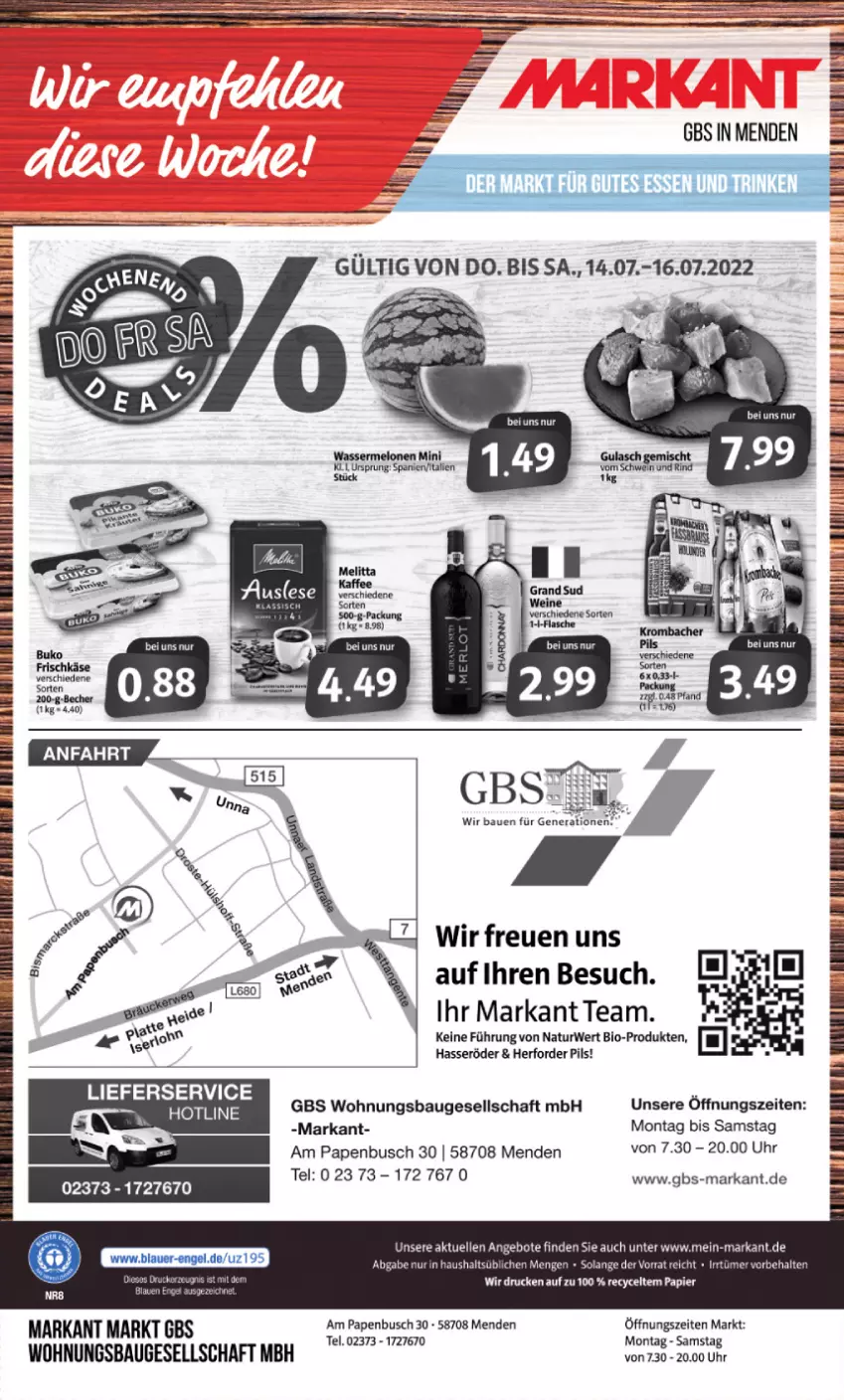 Aktueller Prospekt Markant - Prospekte - von 11.07 bis 16.07.2022 - strona 12 - produkty: angebot, angebote, Bau, Bebe, Becher, bio, brot, elle, frischkäse, hasseröder, Käse, lieferservice, melitta, melone, melonen, natur, pils, rwe, Ti, uhr, wasser, wassermelone, wassermelonen