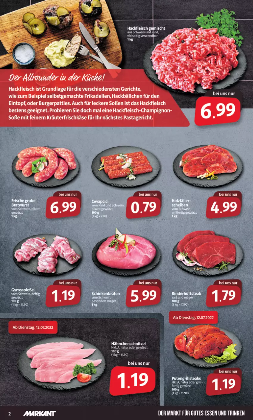 Aktueller Prospekt Markant - Prospekte - von 11.07 bis 16.07.2022 - strona 2 - produkty: bier, Biere, burger, champignon, dell, eintopf, eis, elle, fleisch, frikadellen, frischkäse, gutes essen, hackfleisch, hackfleisch gemischt, Hähnchenschnitzel, Käse, kräuter, mac, pasta, Pastagericht, schnitzel, schwein, Soße, Ti, topf, wein