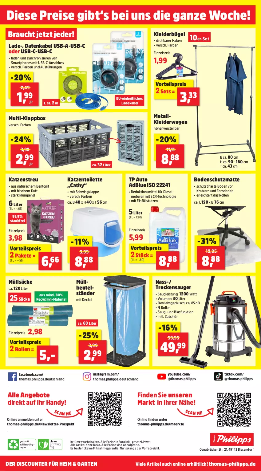 Aktueller Prospekt Thomas Philipps - von 10.03 bis 15.03.2025 - strona 12 - produkty: abholpreise, adblue, alle preise sind abholpreise, angebot, angebote, auto, beutel, brie, bügel, Clin, decke, Deckel, deka, Diesel, discount, eis, Garten, Handy, Katzenstreu, Klappbox, kleid, kleider, kleiderbügel, Kleiderwagen, ladekabel, müllbeutel, papier, Rauch, reis, Ria, smartphone, smartphones, Ti, Trockensauger, usb, vorteilspreis, Yo