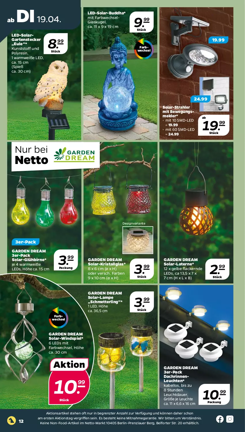 Aktueller Prospekt Netto - Angebote ab Montag - von 19.04 bis 23.04.2022 - strona 12 - produkty: auer, Buddha, Garten, Glaskugel, Kugel, lack, Lacke, Lampe, laterne, leds, Leuchte, leuchten, LG, Mett, Ria, Schmetterling, Ti, ZTE