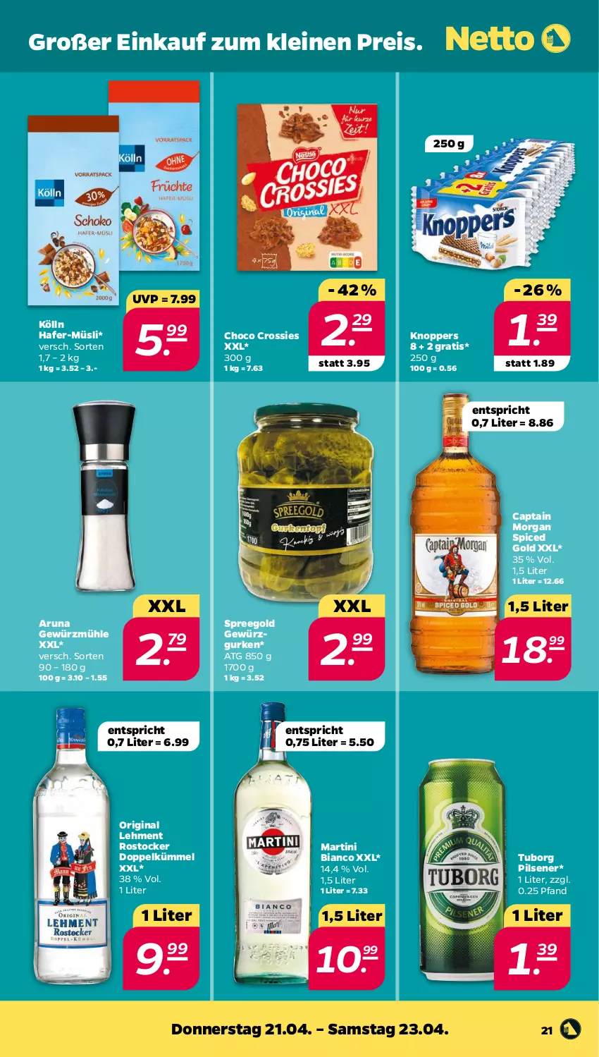 Aktueller Prospekt Netto - Angebote ab Montag - von 19.04 bis 23.04.2022 - strona 21 - produkty: Cap, captain morgan, choco crossies, crossies, eis, gewürz, Gewürzgurke, gewürzgurken, Gewürzmühle, gin, gurke, gurken, hafer, knoppers, kölln, leine, martini, müsli, pils, pilsener, reis, Rostocker, Ti