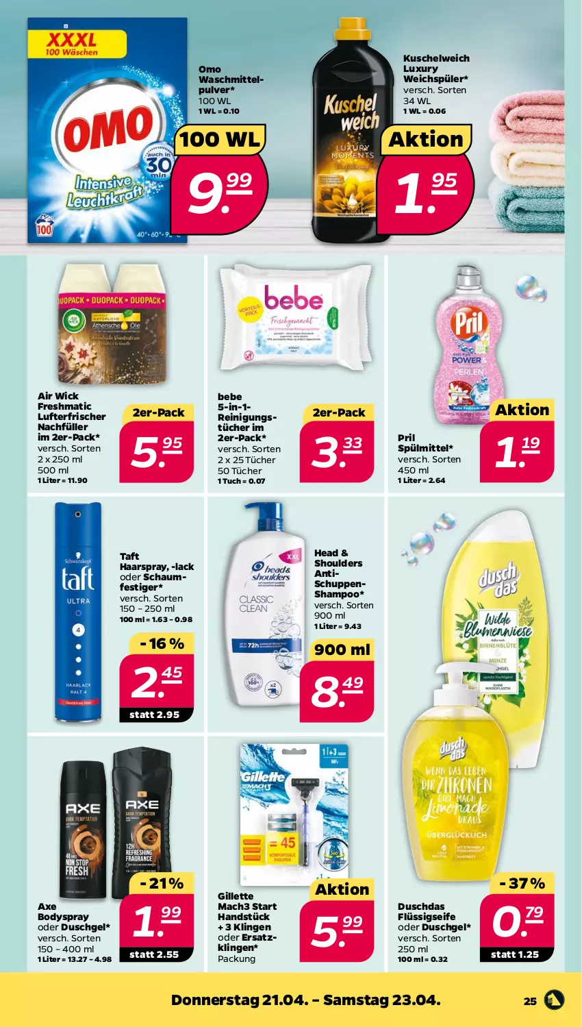 Aktueller Prospekt Netto - Angebote ab Montag - von 19.04 bis 23.04.2022 - strona 25 - produkty: Air Wick, axe, Bebe, body, bodyspray, duschdas, duschgel, flüssigseife, gillette, haarspray, Kuschelweich, lack, lufterfrischer, mac, mach3, oder schaumfestiger, pril, Reinigung, reinigungstücher, schaumfestiger, Seife, shampoo, spülmittel, Taft, Ti, tisch, tuc, tücher, waschmittel, weichspüler, WICK