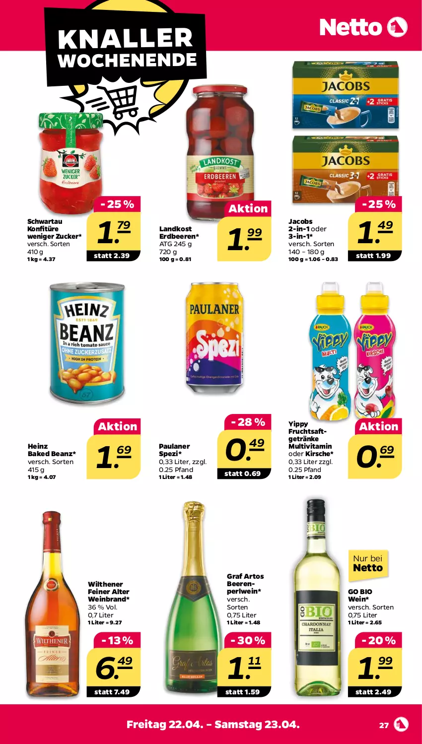 Aktueller Prospekt Netto - Angebote ab Montag - von 19.04 bis 23.04.2022 - strona 27 - produkty: beanz, beere, beeren, bio, erdbeere, erdbeeren, frucht, fruchtsaft, fruchtsaftgetränk, getränk, getränke, heinz, jacobs, kirsch, kirsche, konfitüre, ndk, Paula, paulaner, saft, Schwartau, Spezi, Ti, vita, wein, weinbrand, wilthener, zucker