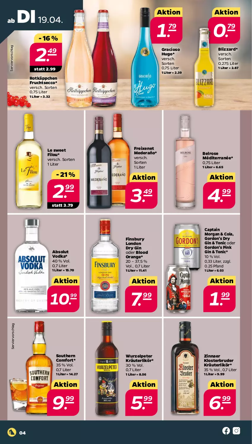 Aktueller Prospekt Netto - Angebote ab Montag - von 19.04 bis 23.04.2022 - strona 4 - produkty: Absolut Vodka, Blizzard, Cap, captain morgan, cola, dry gin, ecco, finsbury, freixenet, frucht, fruchtsecco, gin, gordon, Gordon’s, gracioso, hugo, kräuter, kräuterlikör, likör, london dry, london dry gin, orange, rotkäppchen, Southern Comfort, Ti, tonic, vodka