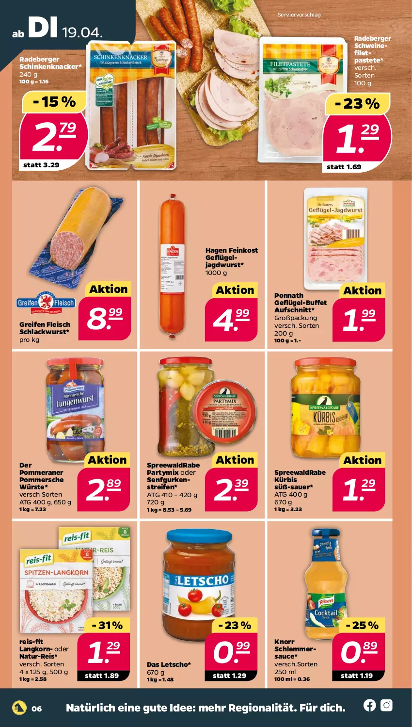 Aktueller Prospekt Netto - Angebote ab Montag - von 19.04 bis 23.04.2022 - strona 6 - produkty: auer, aufschnitt, Berger, eis, feinkost, filet, fleisch, Geflügel, gurke, gurken, jagdwurst, knacker, knorr, korn, Kürbis, lack, Letscho, natur, natur-reis, pastete, Pommersche, ponnath, radeberger, reifen, reis, reis-fit, sauce, schinken, schlemmersauce, schwein, schweine, schweinefilet, senf, Ti, wein, weine, wurst