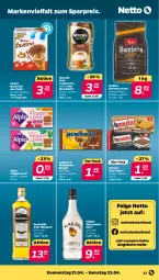 Gazetka promocyjna Netto - Angebote ab Montag - Gazetka - ważna od 23.04 do 23.04.2022 - strona 23 - produkty: ACC, alpia, angebot, angebote, bohne, bohnen, Cap, cappuccino, chia, cin, eis, hanuta, irish whiskey, kaffee, kaffeebohnen, Kinder, kinder bueno, latte, latte macchiato, LG, likör, mac, macchiato, Malibu, melitta, Nescafé, nescafé gold, nuss, reis, riegel, Ti, veggie, Veggie Love, whiskey