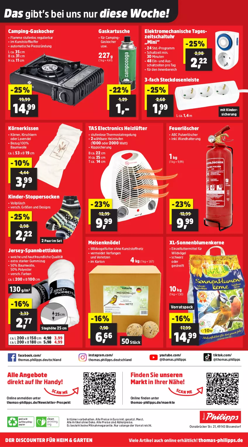 Aktueller Prospekt Thomas Philipps - von 08.12 bis 13.12.2025 - strona 23 - produkty: abholpreise, alle preise sind abholpreise, angebot, angebote, auto, Bau, baumwolle, bett, blume, blumen, Clin, discount, eis, Elektro, Garten, Handy, Kinder, kirsch, kissen, Knödel, Kocher, koffer, lamm, lavendel, Meisenknödel, papier, Plüsch, reis, Schal, socken, sonnenblume, sonnenblumen, Sonnenblumenkerne, spannbettlaken, steckdose, Steckdosenleiste, thermostat, Ti, tisch, topper, uhr, Vogelfutter, wandhalterung, Wild, wolle, Yo