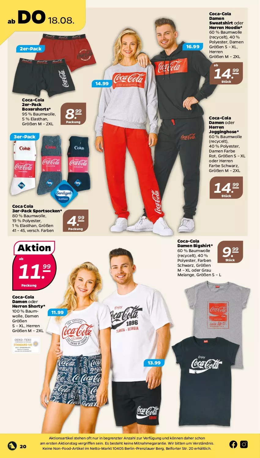 Aktueller Prospekt Netto - Woche 33 - von 15.08 bis 20.08.2022 - strona 20 - produkty: auer, Bau, baumwolle, coca-cola, cola, Elan, gin, hose, Jogginghose, shirt, shorts, shorty, socken, Sport, sportsocken, Sweatshirt, Ti, wolle, ZTE