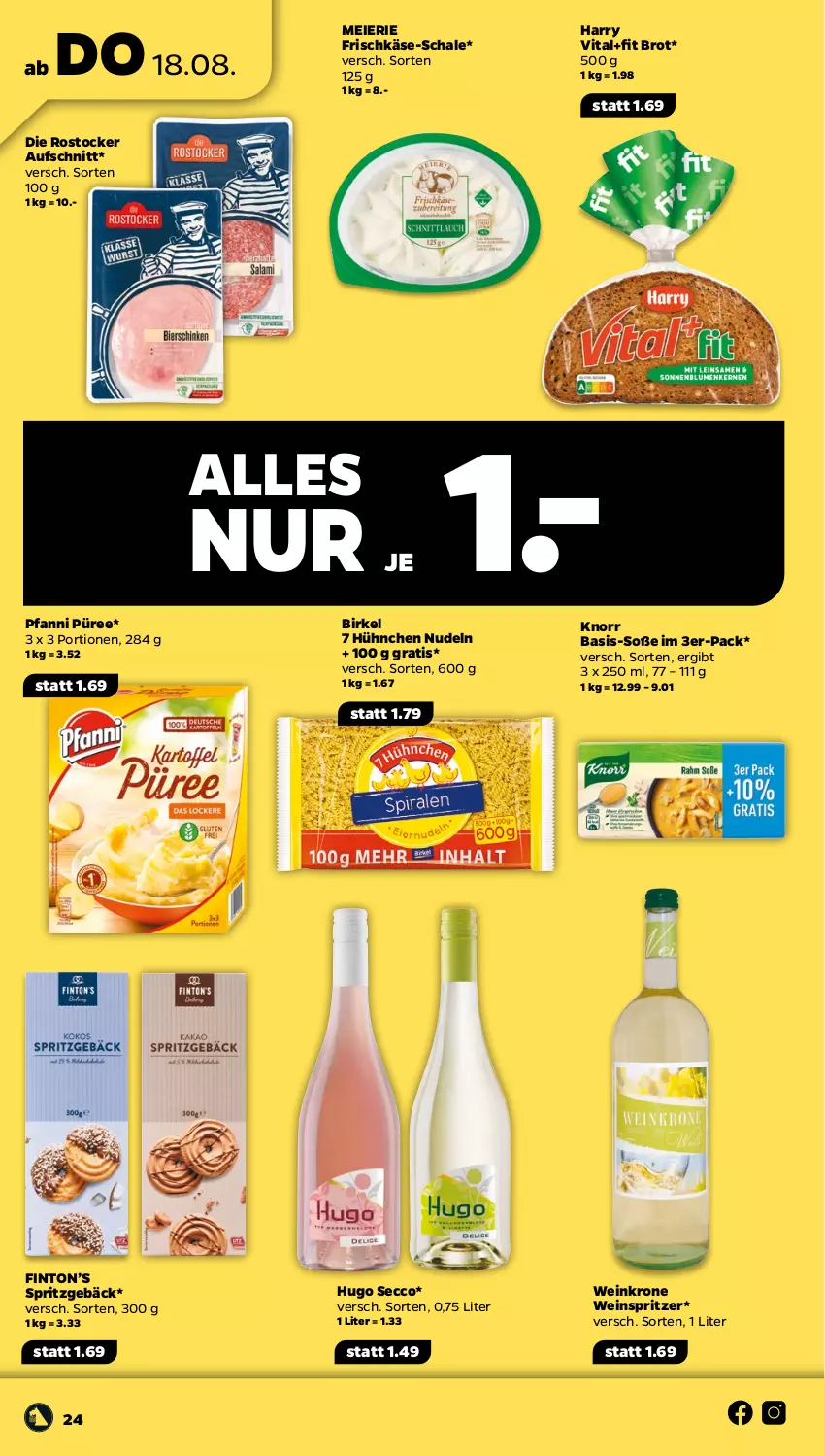 Aktueller Prospekt Netto - Woche 33 - von 15.08 bis 20.08.2022 - strona 24 - produkty: aufschnitt, birkel, brot, ecco, eier, frischkäse, hugo, Käse, knorr, krone, nudel, nudeln, pfanni, püree, Rostocker, Schal, Schale, Soße, Spritzgebäck, Ti, vita, wein