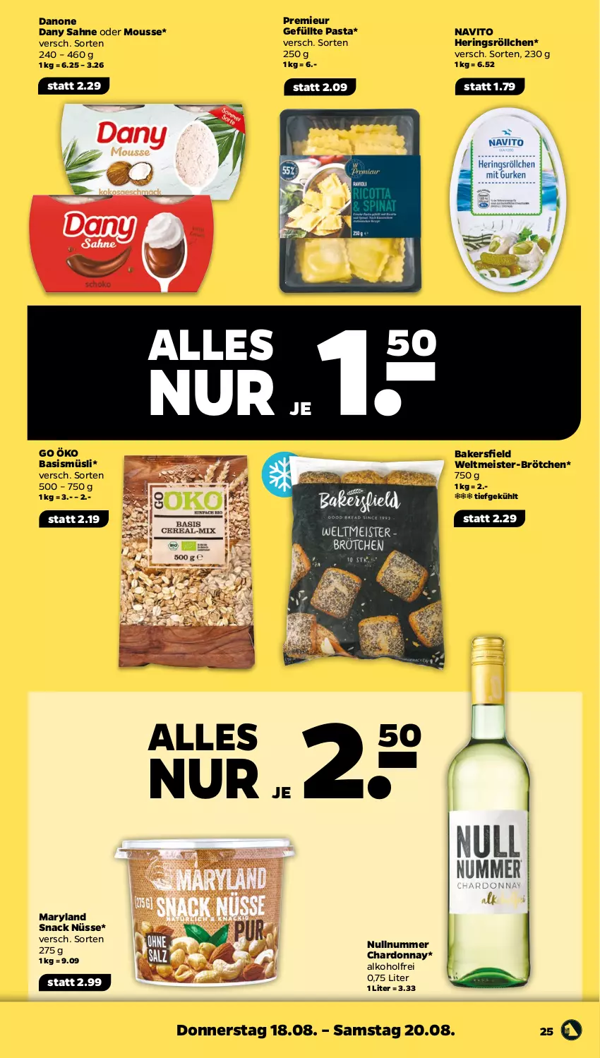 Aktueller Prospekt Netto - Woche 33 - von 15.08 bis 20.08.2022 - strona 25 - produkty: alkohol, brötchen, chardonnay, danone, Dany, dany sahne, eis, hering, Herings, Meister, mousse, müsli, pasta, ring, sahne, snack, Ti