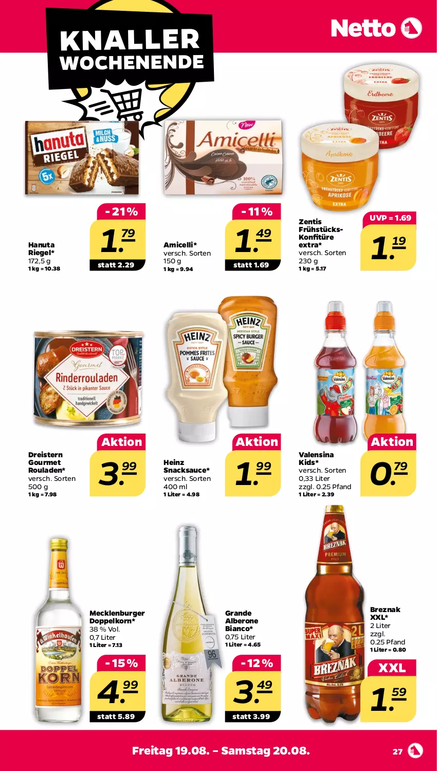 Aktueller Prospekt Netto - Woche 33 - von 15.08 bis 20.08.2022 - strona 27 - produkty: amicelli, burger, doppelkorn, dreistern, eis, hanuta, heinz, konfitüre, konfitüre extra, korn, reis, riegel, rouladen, sauce, snack, snacks, Ti, valensina, zentis