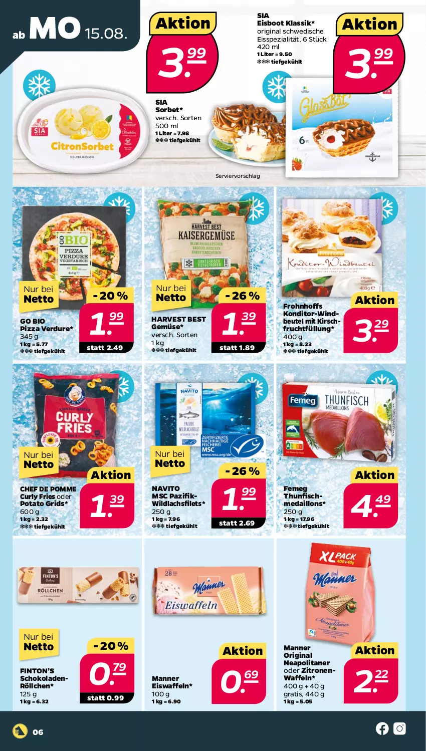 Aktueller Prospekt Netto - Woche 33 - von 15.08 bis 20.08.2022 - strona 6 - produkty: beutel, bio, eis, eiswaffeln, femeg, filet, filets, fisch, frucht, gin, kirsch, lachs, lachsfilet, lachsfilets, Manner, medaillons, pizza, schoko, schokolade, schokoladen, Sorbet, Spezi, thunfisch, Ti, waffeln, Wild, wildlachs, Windbeutel, zitrone, zitronen