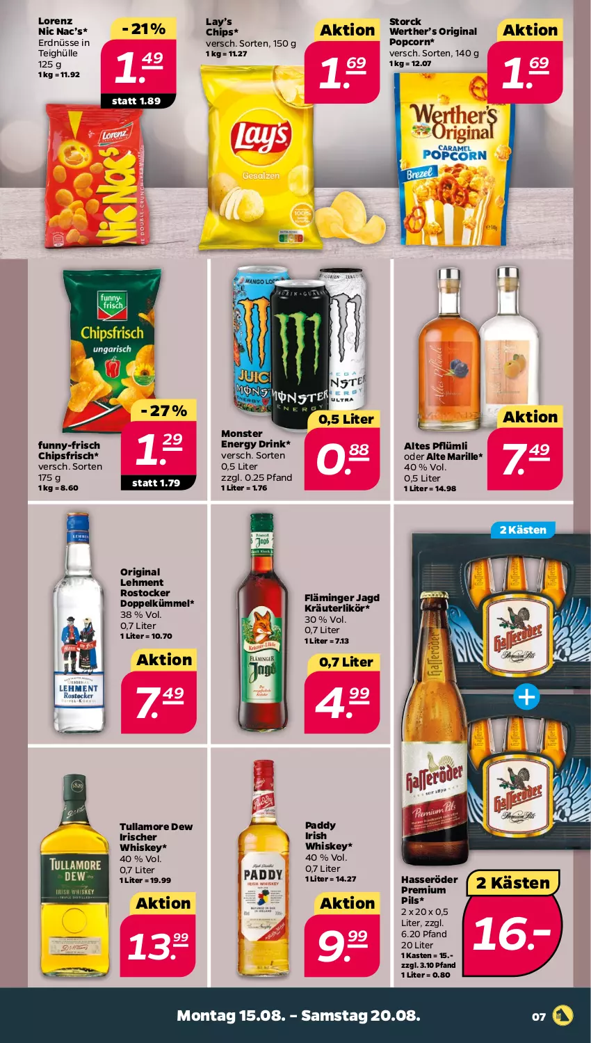 Aktueller Prospekt Netto - Woche 33 - von 15.08 bis 20.08.2022 - strona 7 - produkty: chips, chipsfrisch, drink, energy drink, erdnüsse, funny-frisch, gin, hasseröder, irish whiskey, kräuter, kräuterlikör, likör, lorenz, monster, Monster Energy, pils, popcorn, premium pils, Rostocker, storck, Ti, tullamore, tullamore dew, whiskey