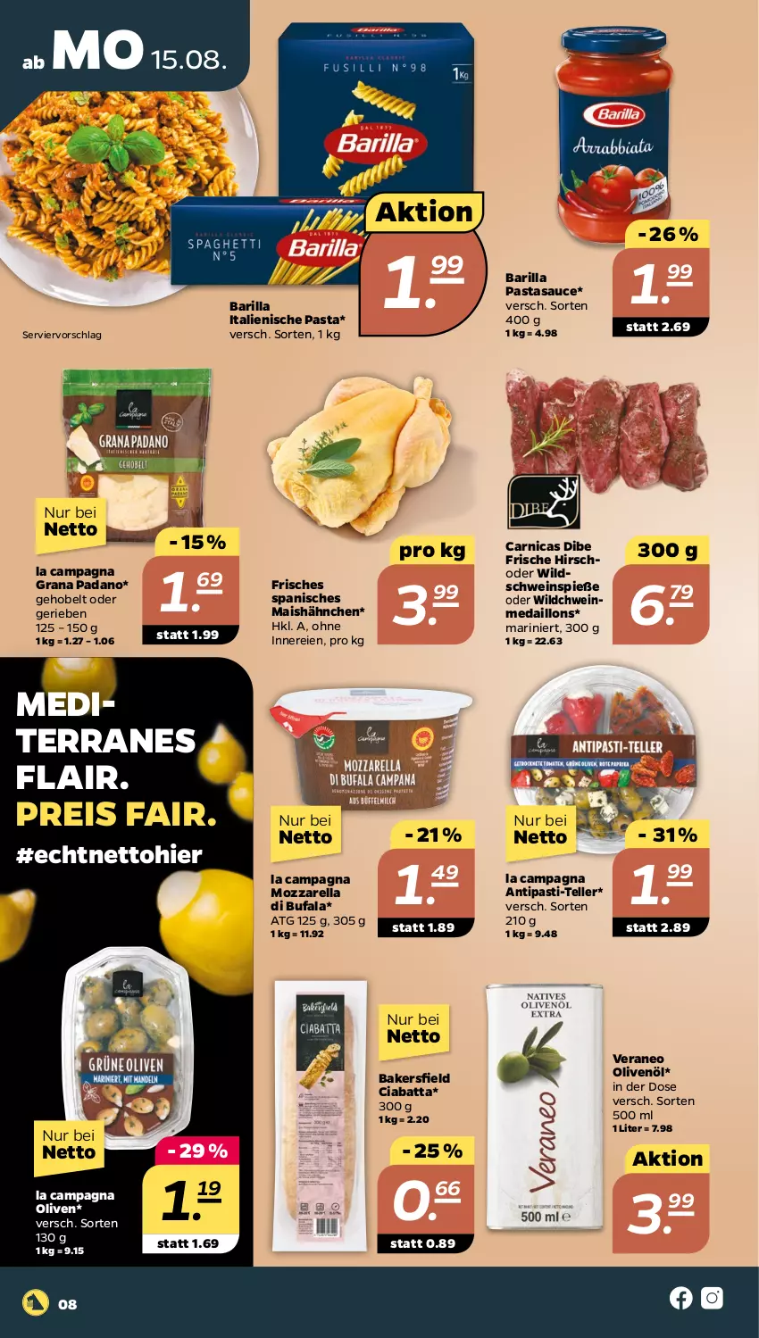 Aktueller Prospekt Netto - Woche 33 - von 15.08 bis 20.08.2022 - strona 8 - produkty: antipasti, Arnica, asti, barilla, ciabatta, di bufala, eis, elle, grana, grana padano, italienische pasta, mais, medaillons, mozzarella, olive, oliven, olivenöl, padano, pasta, Rana, reis, rel, sauce, schwein, teller, Ti, wein, Wild, Wildschwein