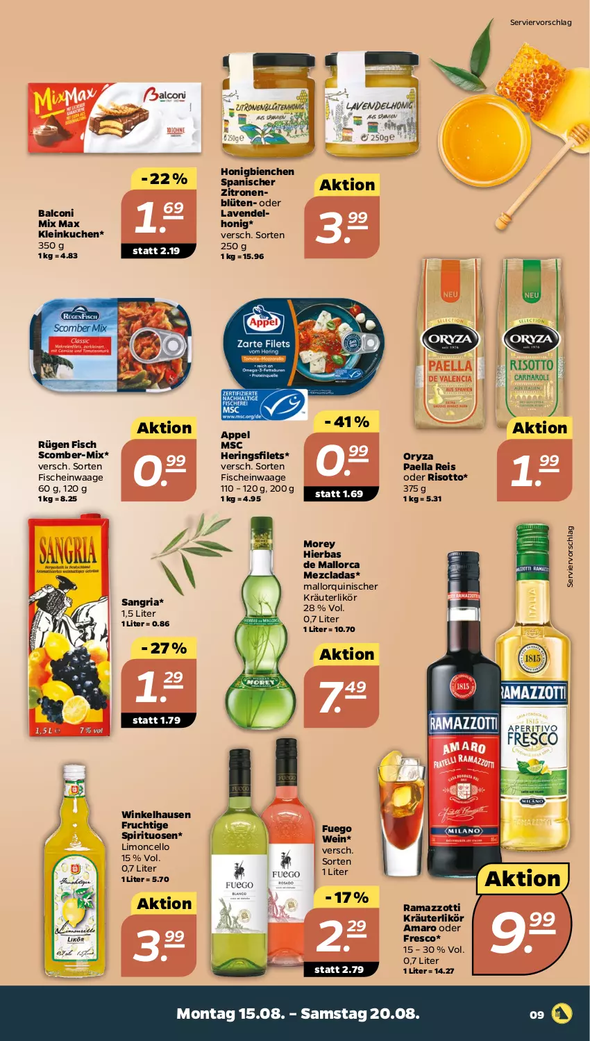 Aktueller Prospekt Netto - Woche 33 - von 15.08 bis 20.08.2022 - strona 9 - produkty: Alcon, amaro, Blüte, eis, filet, filets, fisch, fische, frucht, hering, Herings, heringsfilets, honig, kräuter, kräuterlikör, kuchen, lavendel, likör, limo, oryza, paella, rama, ramazzott, ramazzotti, reis, Ria, ring, risotto, sangria, spirituosen, Ti, Waage, wein, winkelhausen, zitrone, zitronen, zott