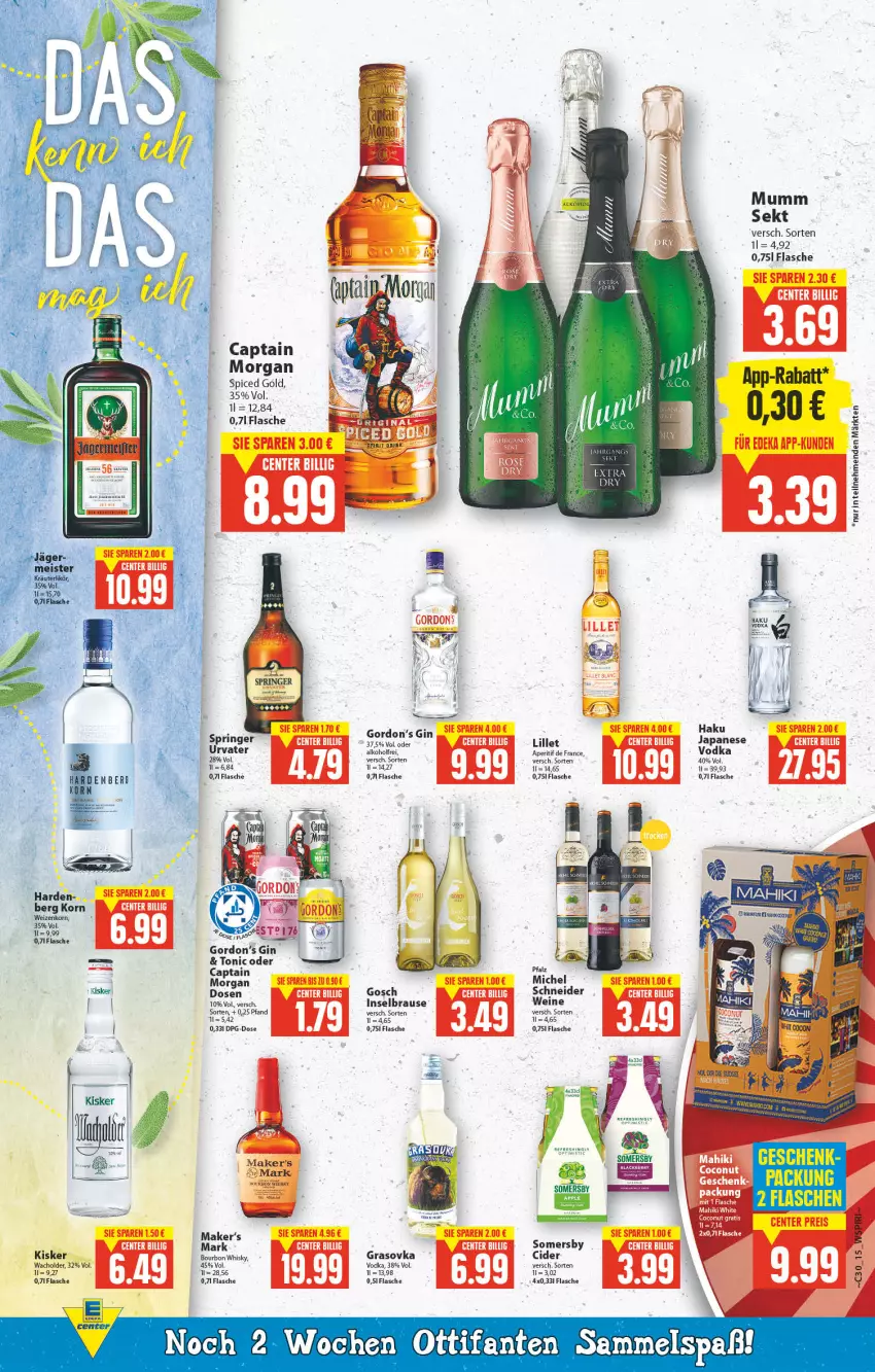 Aktueller Prospekt E Center - Angebote der Woche - von 25.07 bis 30.07.2022 - strona 14 - produkty: aperitif, bourbon, brause, Cap, cider, eis, flasche, gin, gordon, Gordon’s, korn, lillet, mumm, ring, sekt, somersby, Ti, tonic, urvater, vodka, wein, weine, weizenkorn, whisky