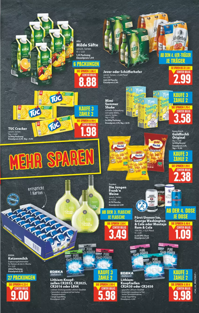 Aktueller Prospekt E Center - Angebote der Woche - von 25.07 bis 30.07.2022 - strona 3 - produkty: auer, beutel, cola, cracker, deka, eis, elle, ente, fisch, flasche, funny-frisch, gin, Goldfischli, jever, katzenmilch, milch, reis, rum, säfte, schöfferhofer, shake, Ti, tuc, wein, weine