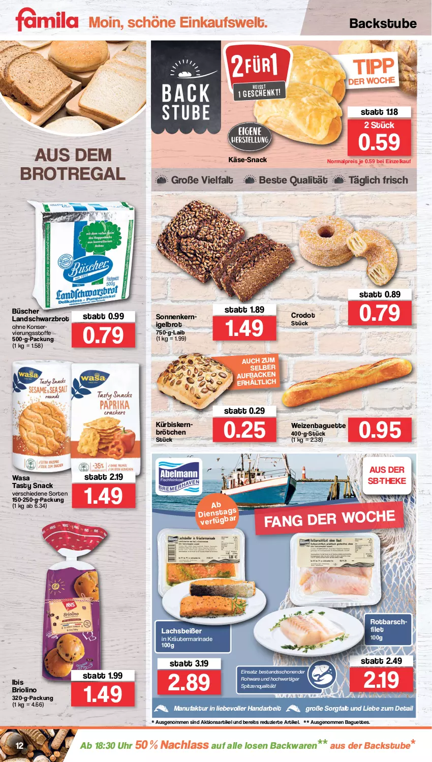 Aktueller Prospekt Famila - Prospekte - von 02.05 bis 07.05.2022 - strona 12 - produkty: backwaren, baguette, baguettes, brot, brötchen, eis, Faktu, filet, Käse, kräuter, Kürbis, lachs, marinade, regal, reis, Rotbarsch, rotbarschfilet, Schwarzbrot, snack, spitzenqualität, stube, Ti, uhr, wasa