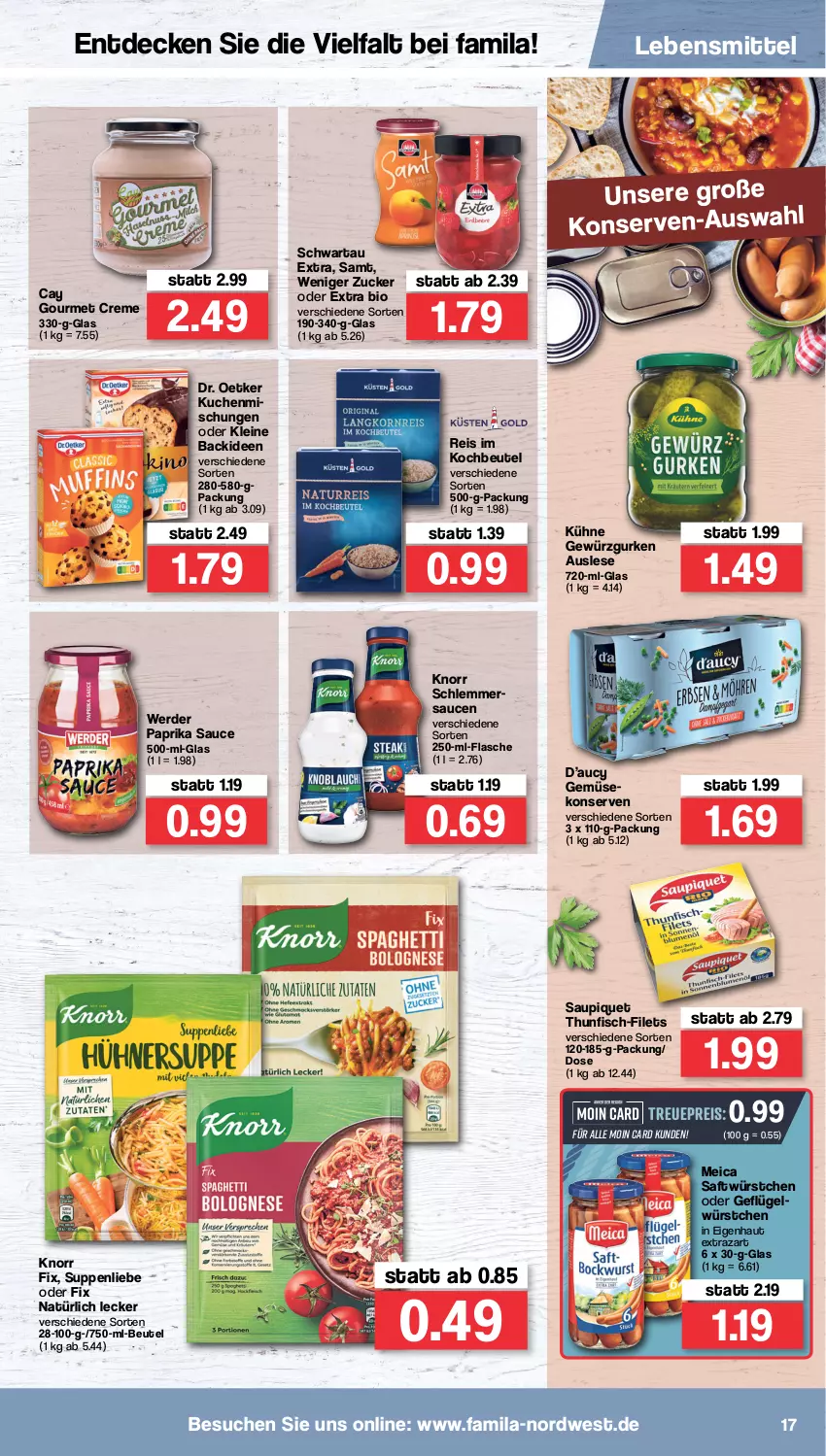 Aktueller Prospekt Famila - Prospekte - von 02.05 bis 07.05.2022 - strona 17 - produkty: beutel, bio, creme, decke, Dr. Oetker, eis, erde, filet, filets, fisch, flasche, Geflügel, gewürz, Gewürzgurke, gewürzgurken, gurke, gurken, knorr, knorr fix, kochbeutel, Konserven, kuchen, Kühne, lebensmittel, leine, meica, paprika, reis, saft, sauce, saucen, saupiquet, schlemmersauce, schlemmersaucen, Schwartau, suppe, suppen, suppenliebe, thunfisch, würstchen, zucker