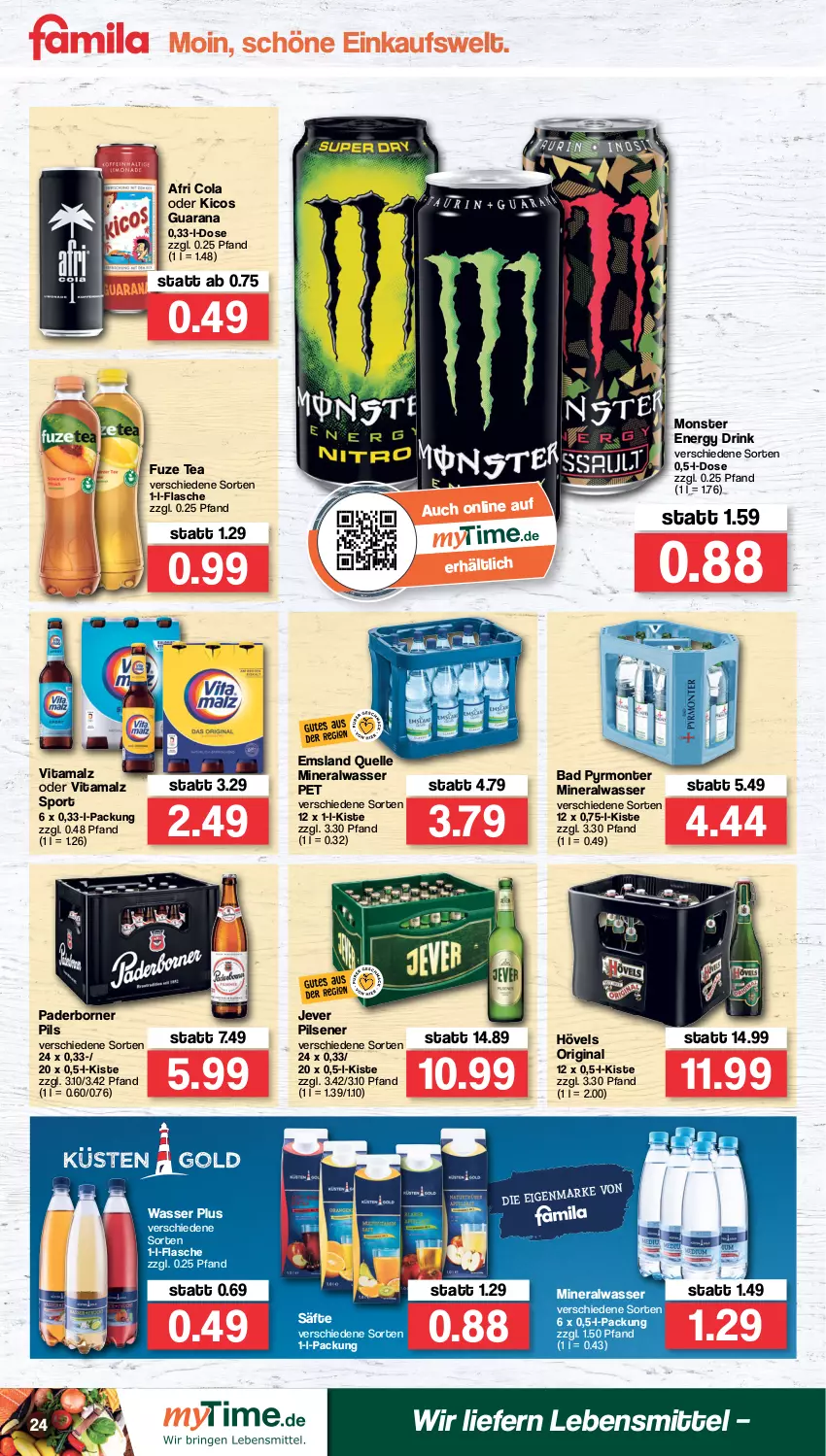 Aktueller Prospekt Famila - Prospekte - von 02.05 bis 07.05.2022 - strona 24 - produkty: Afri Cola, Alwa, Bad, cola, drink, elle, energy drink, flasche, fuze tea, gin, jever, jever pilsener, lebensmittel, malz, mineralwasser, monster, Monster Energy, monte, pils, pilsener, Rana, säfte, Sport, vita, vitamalz, wasser