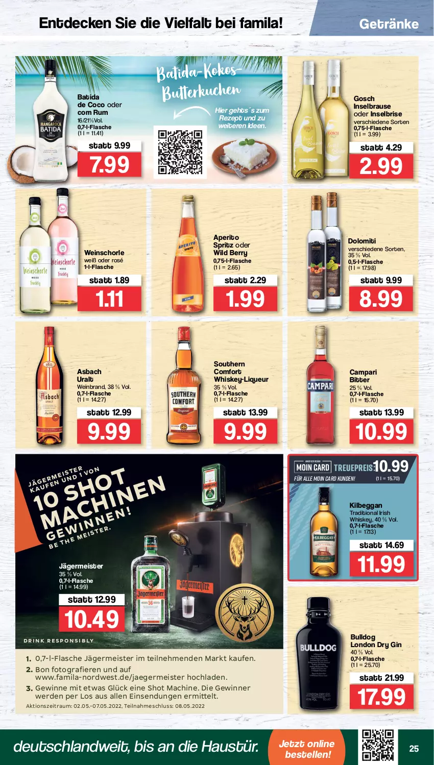 Aktueller Prospekt Famila - Prospekte - von 02.05 bis 07.05.2022 - strona 25 - produkty: aeg, asbach uralt, aust, batida, brause, Bulldog, butter, campari, decke, dry gin, eis, elle, erde, flasche, Germ, getränk, getränke, gin, irish whiskey, jägermeister, kilbeggan, kokos, kuchen, liqueur, london dry, london dry gin, mac, Meister, reis, rezept, rum, schorle, Southern Comfort, Ti, wein, weinbrand, weinschorle, whiskey, Wild, wild berry